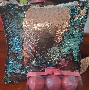 Never used Blue Silver sequence Mermaid pillow with matching boxed 3 bath bombs